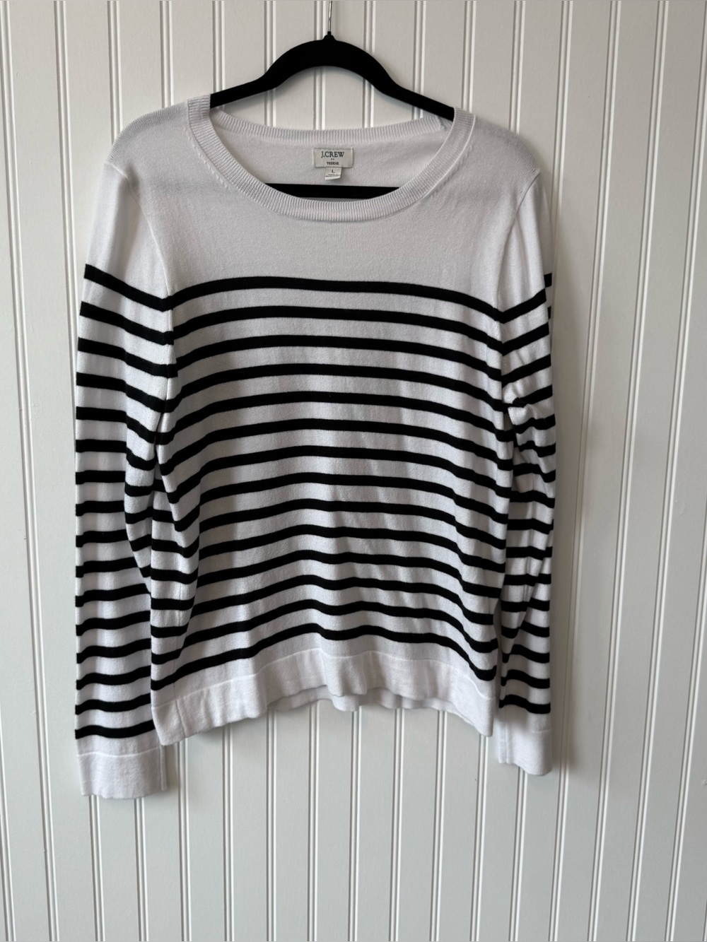 J. Crew Striped Cotton Teddie Crewneck Sweater Size Large L White Black
